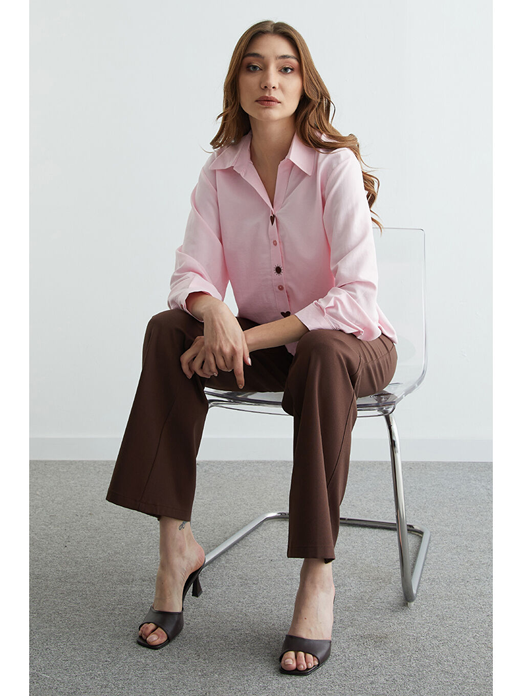 Pembe Kalp Ve Güneş Nakışlı Salaş Gömlek