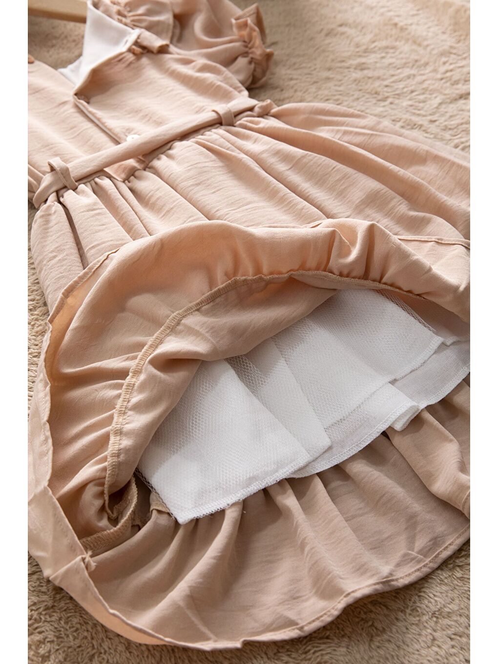 Kahverengi Kahve Fırfır Detaylı Kısa Kol Kız Çocuk Pileli Elbise 22672-4