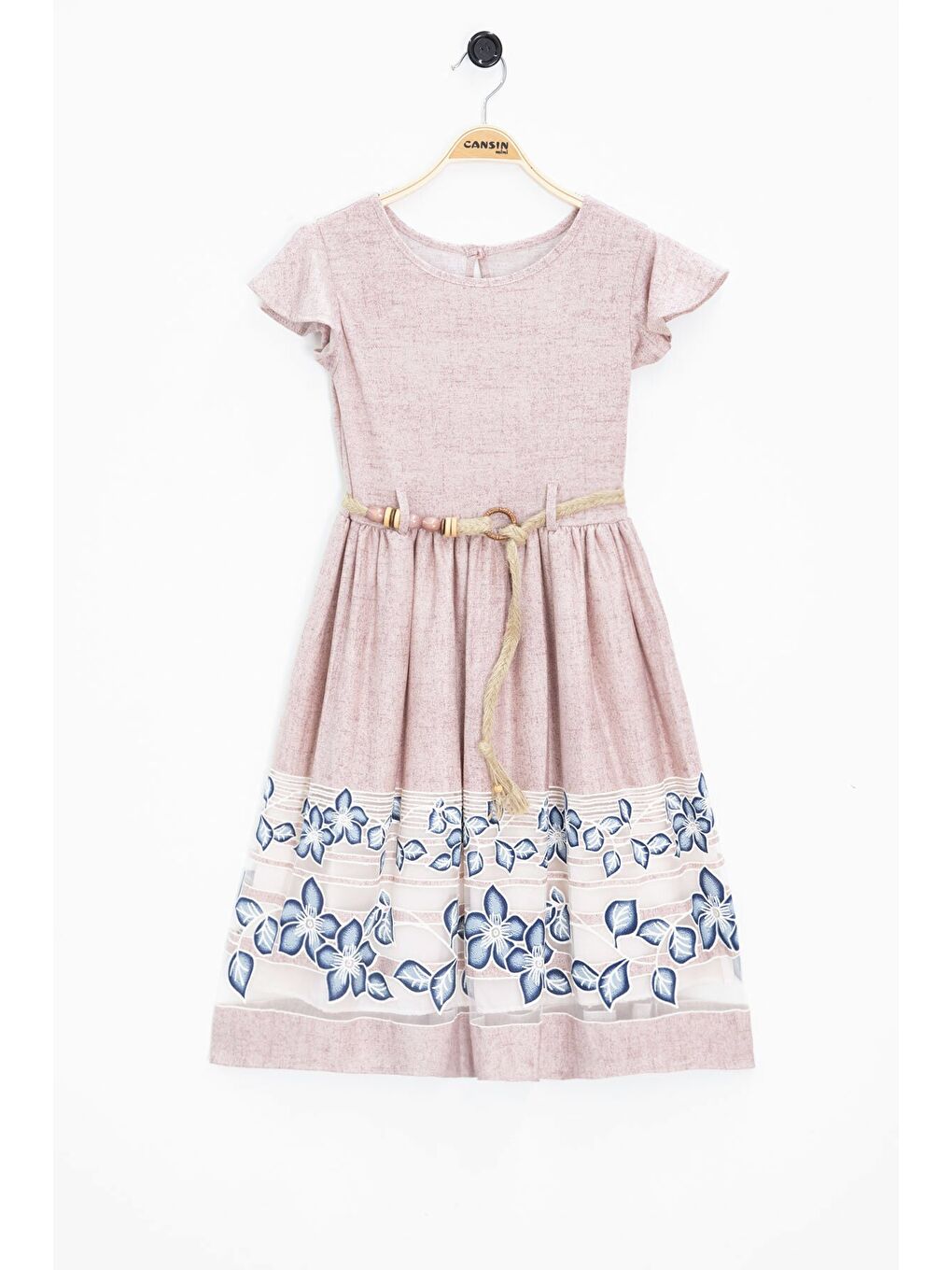 Pembe Çiçek Desenli Hasır Kuşaklı Kısa Kol Kız Çocuk Elbise 22676