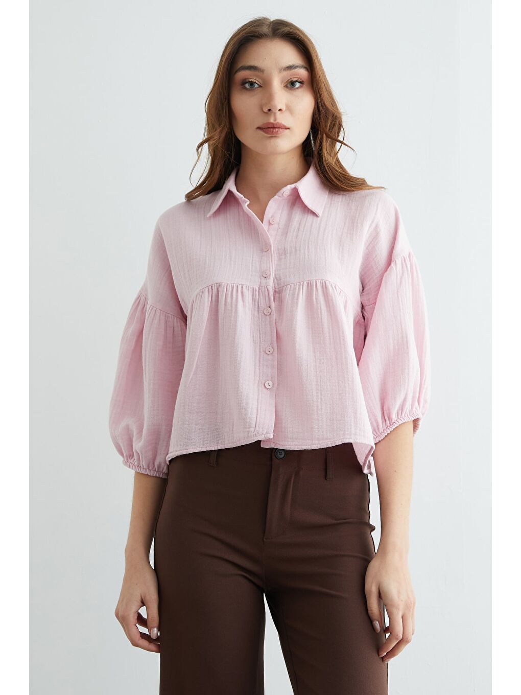 Pembe Balon Kol Salaş Müslin Kumaş Gömlek-1