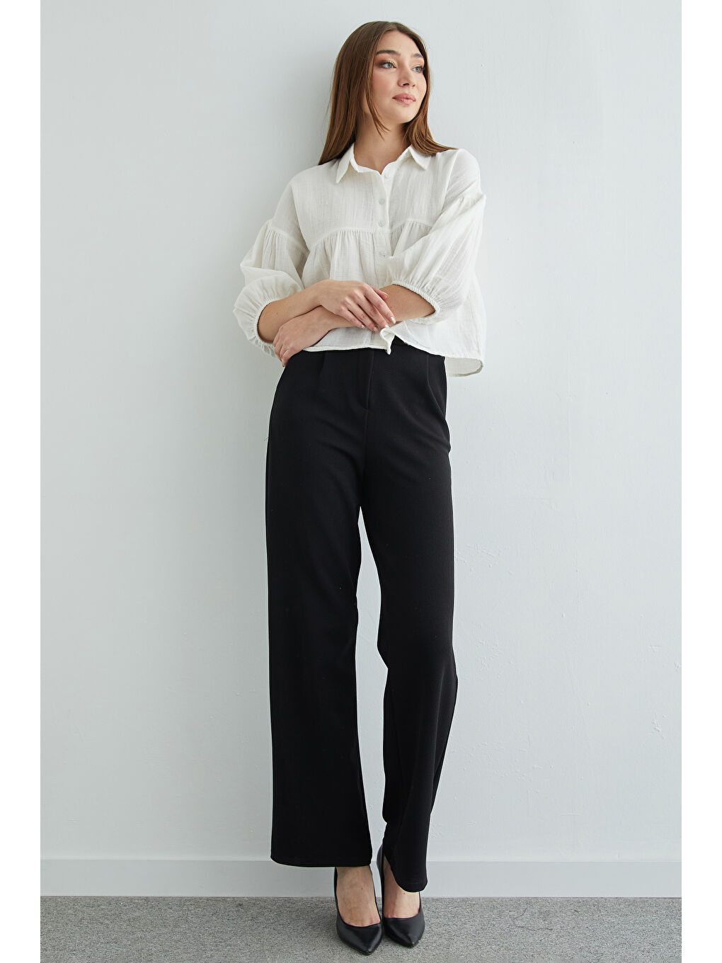 Ekru Balon Kol Salaş Müslin Kumaş Gömlek-4