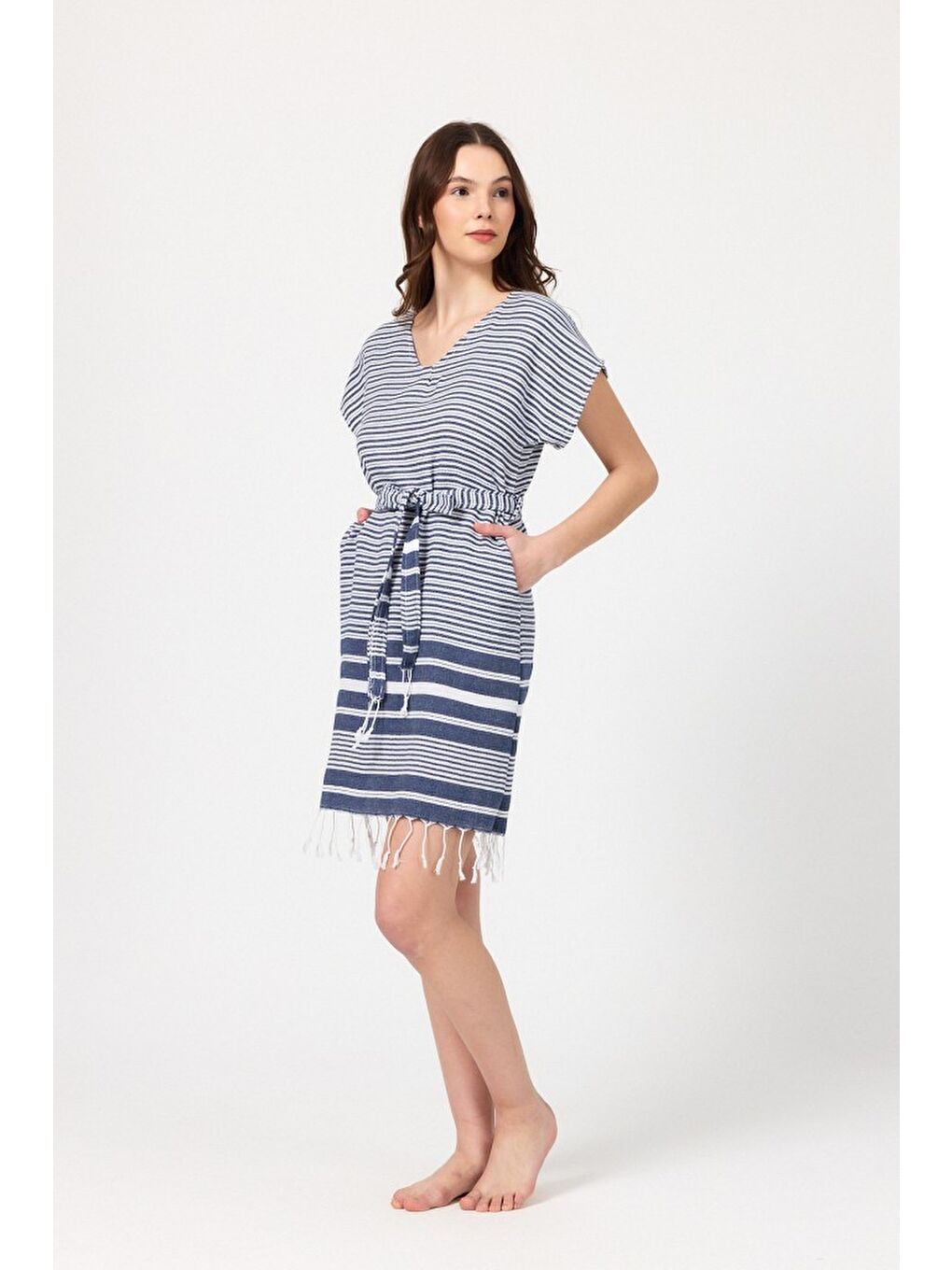 Lacivert Katya Plaj elbisesi Tunik pareo %100 Pamuk-4