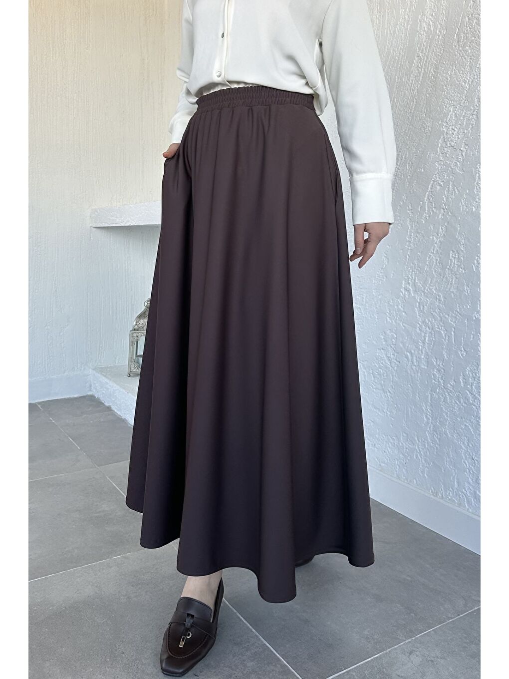 Kahverengi Kadın Bel Lastikli Tesettür Etek-3