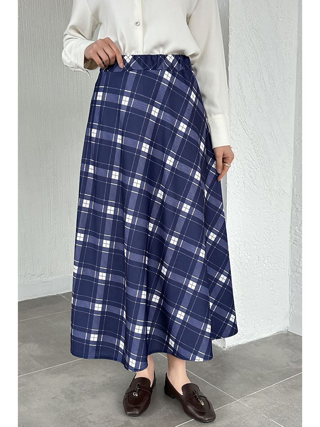 Lacivert Kadın Ekose Desenli Tesettür Etek-5