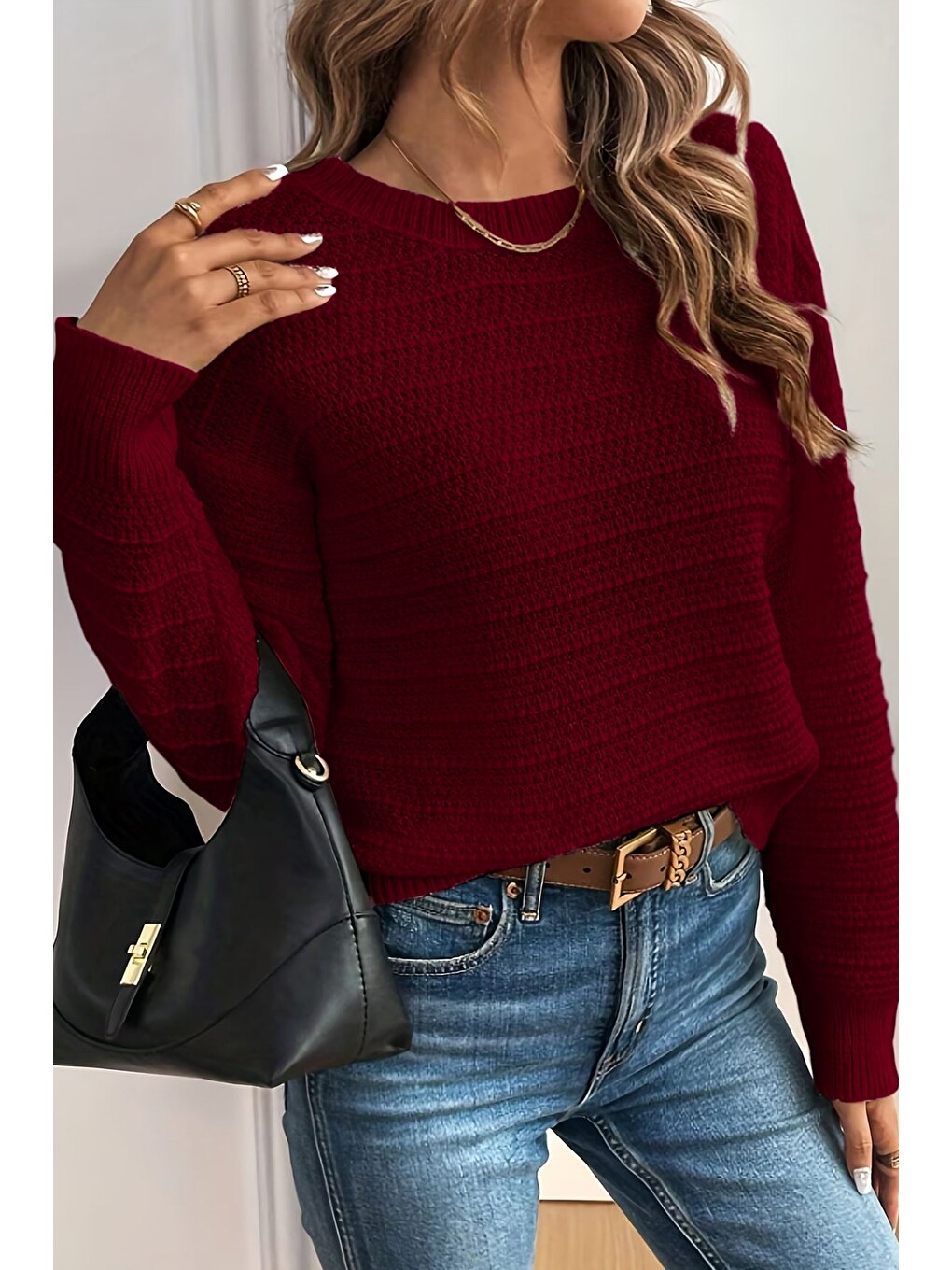 Bordo Kadın Sırt Fiyonklu Triko Bluz-3