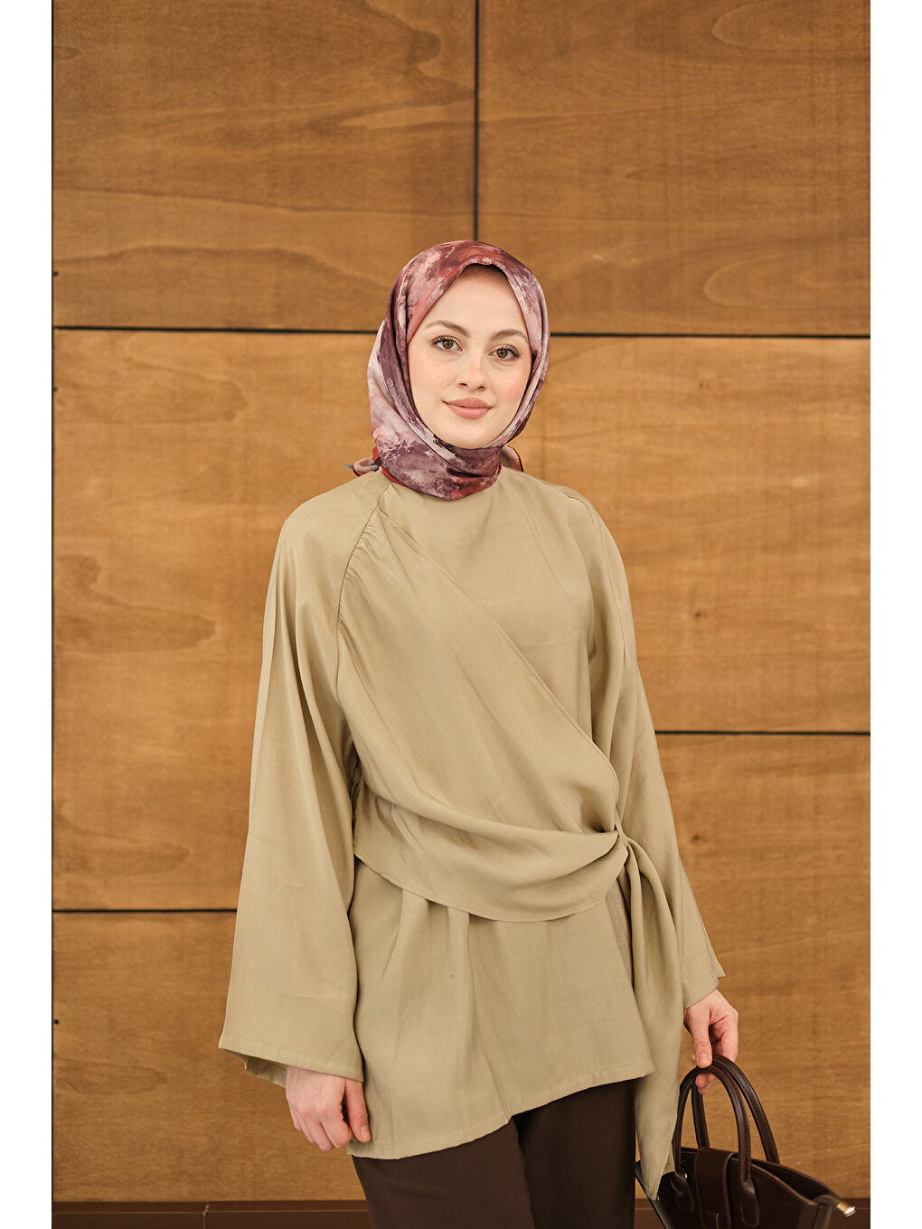 Bej Kadın Şal Detay Yandan Bağlamalı Bluz Vizon-4