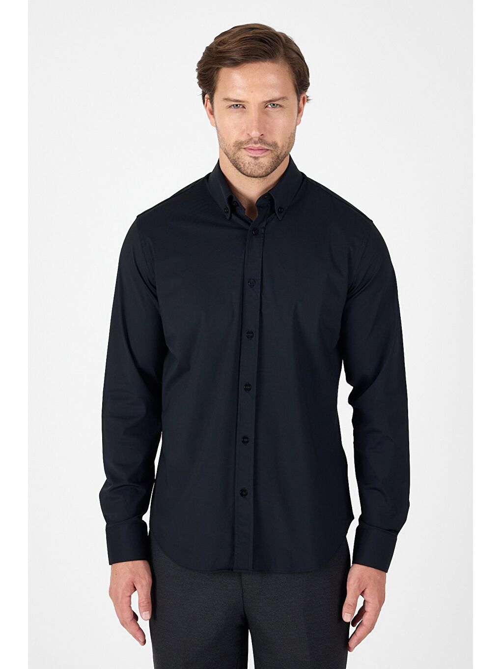 Siyah Uzun Kol Düğmeli Yaka Cepsiz Performans Ürün Slim Fit Gömlek 1004250270-4