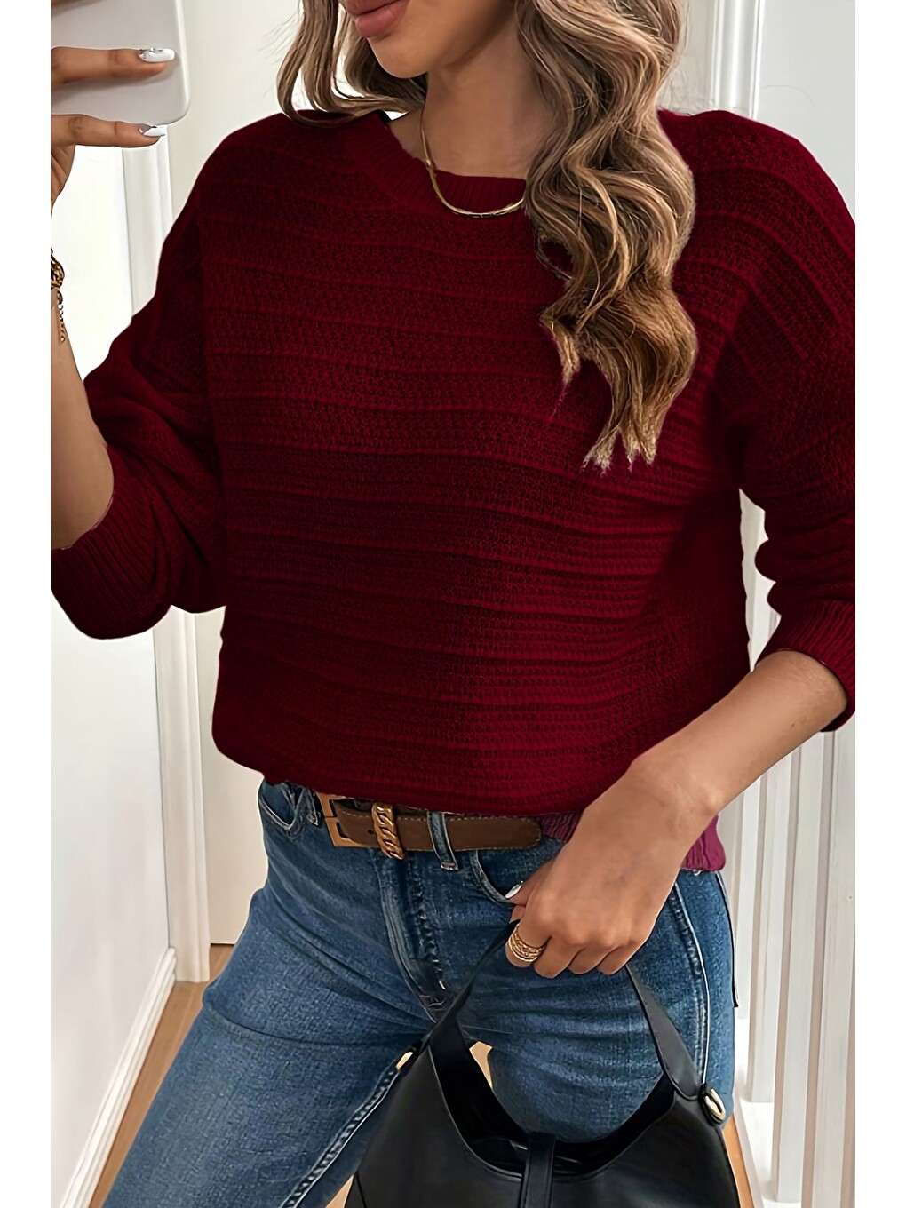 Bordo Kadın Sırt Fiyonklu Triko Bluz-4