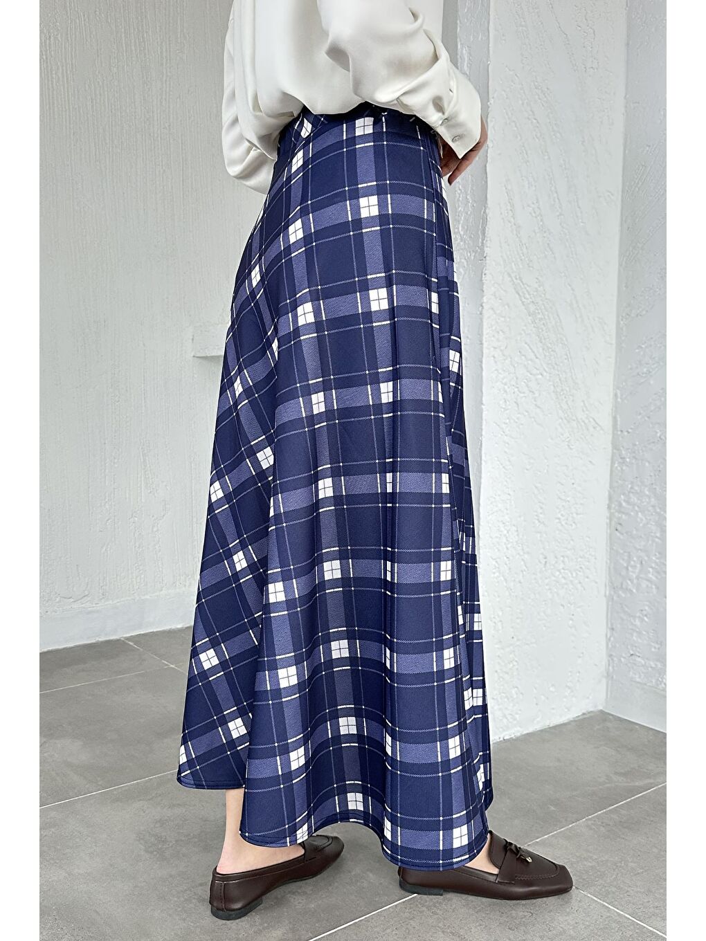 Lacivert Kadın Ekose Desenli Tesettür Etek-6