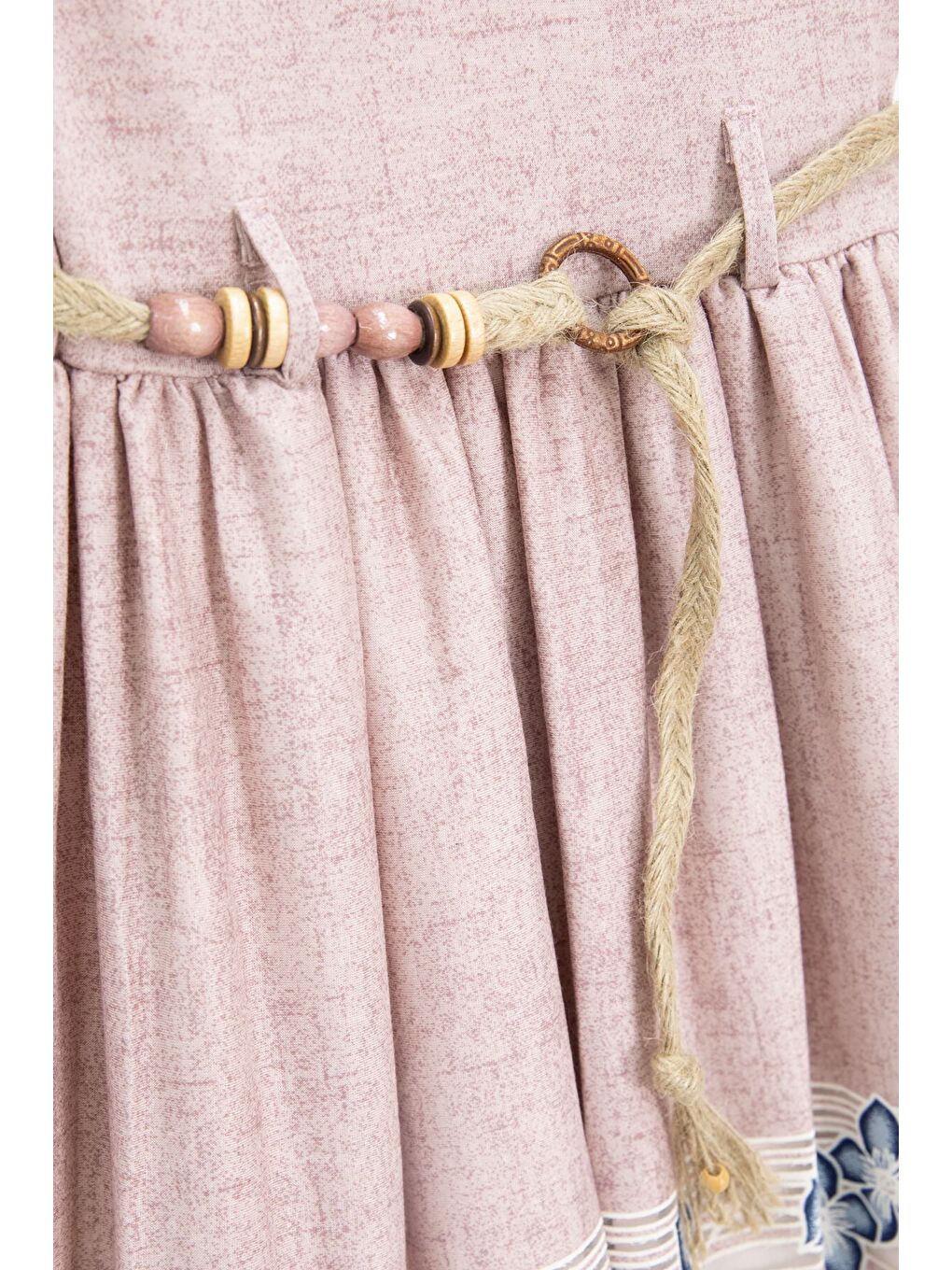 Pembe Çiçek Desenli Hasır Kuşaklı Kısa Kol Kız Çocuk Elbise 22676-1