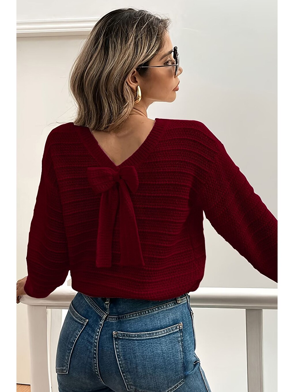 Bordo Kadın Sırt Fiyonklu Triko Bluz-5