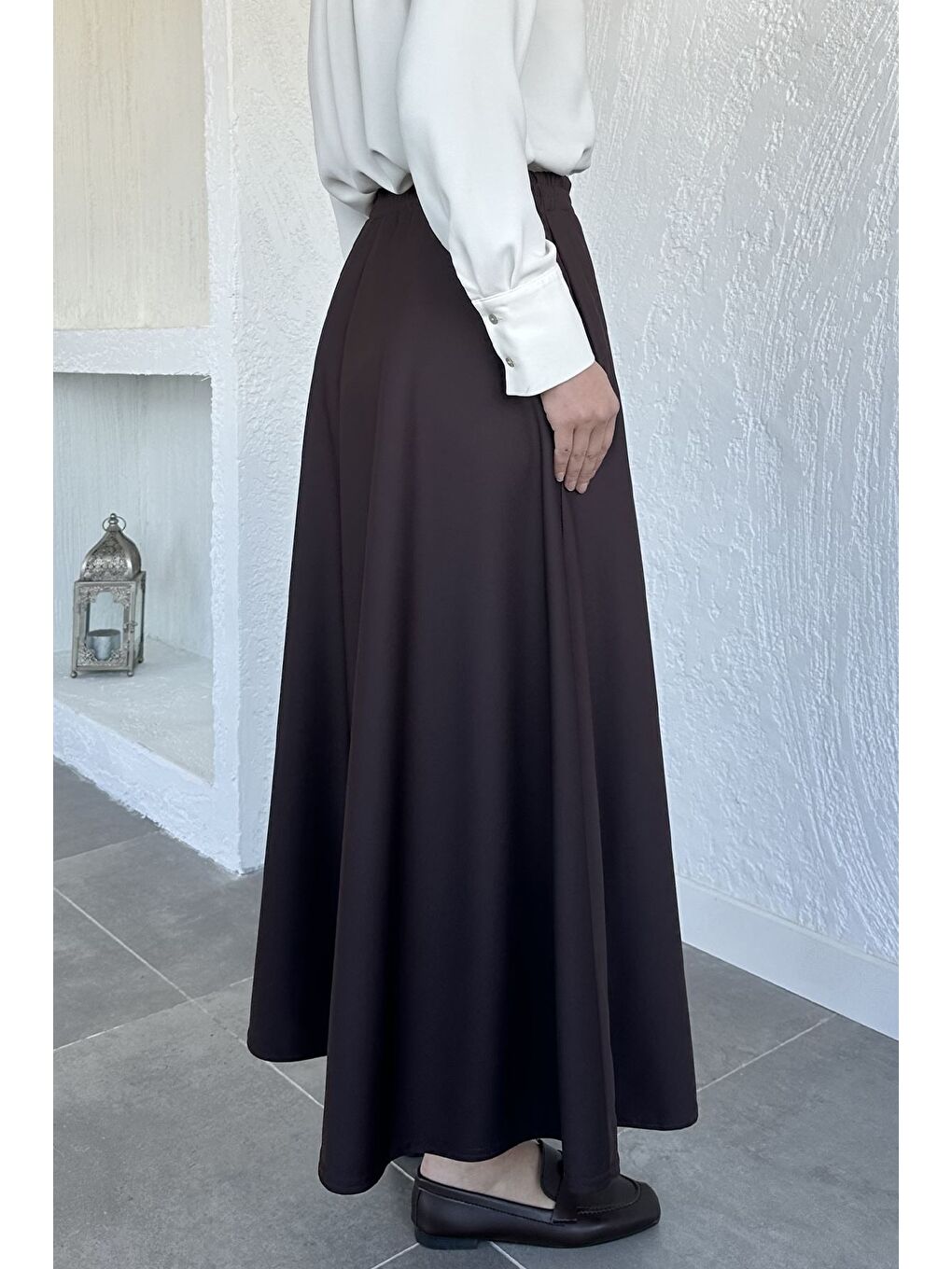 Kahverengi Kadın Bel Lastikli Tesettür Etek-5