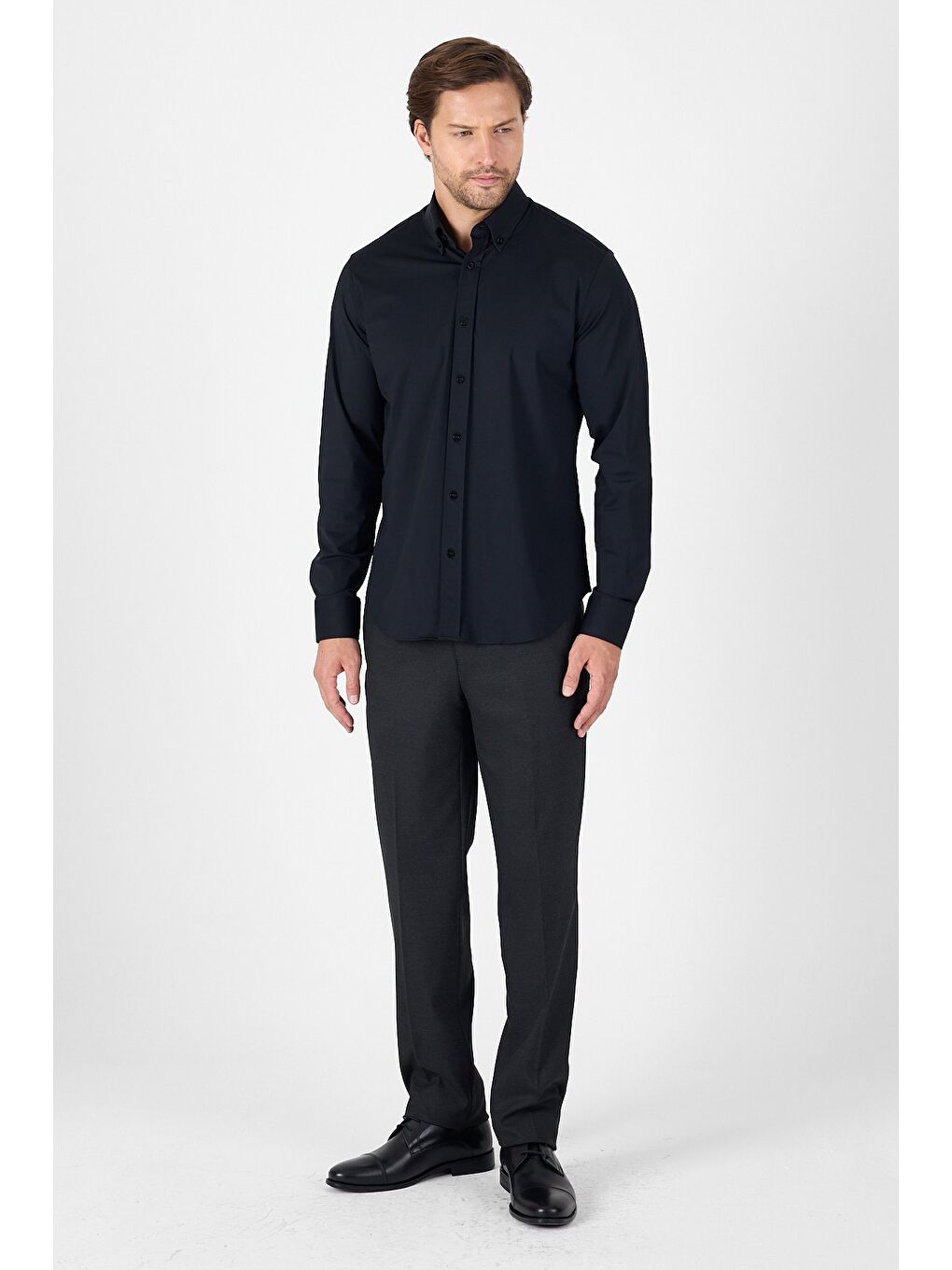 Siyah Uzun Kol Düğmeli Yaka Cepsiz Performans Ürün Slim Fit Gömlek 1004250270-3