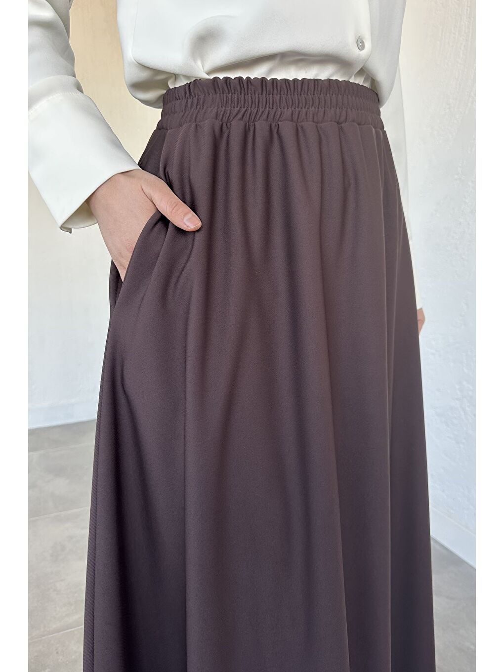 Kahverengi Kadın Bel Lastikli Tesettür Etek-6