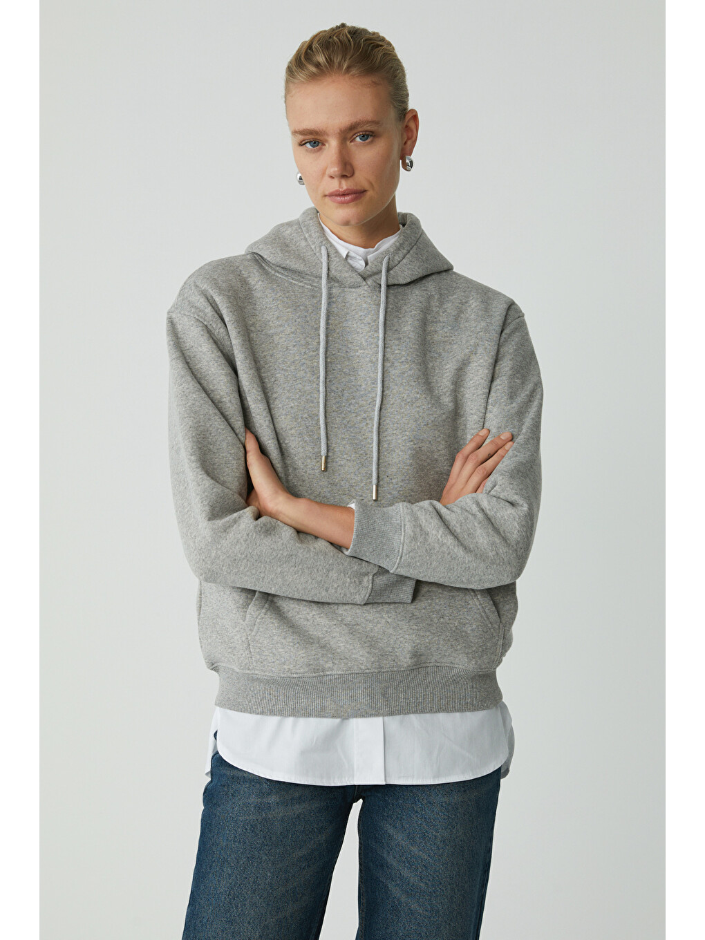 Abelıa Kadın Pamuklu Içi Polarlı Yumuşacık Kalın Kumaşlı Kapüşonlu Örme Comfort Gri Melanj Sweatshir-2