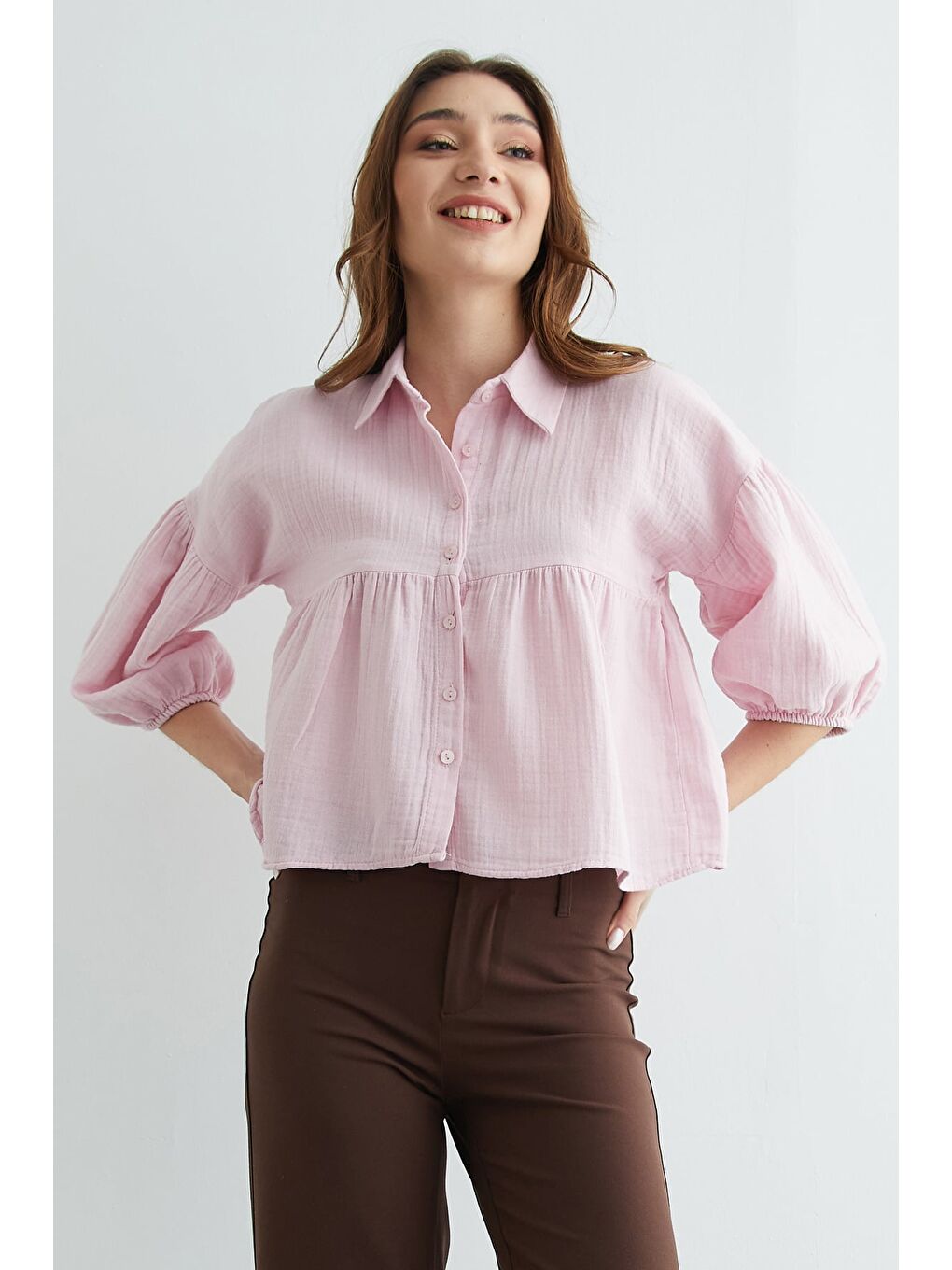 Pembe Balon Kol Salaş Müslin Kumaş Gömlek-3