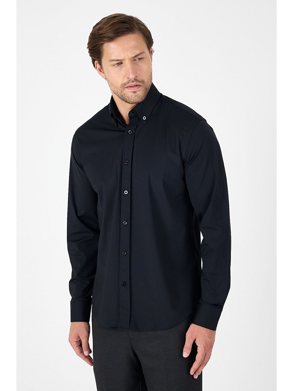 Siyah Uzun Kol Düğmeli Yaka Cepsiz Performans Ürün Slim Fit Gömlek 1004250270-2