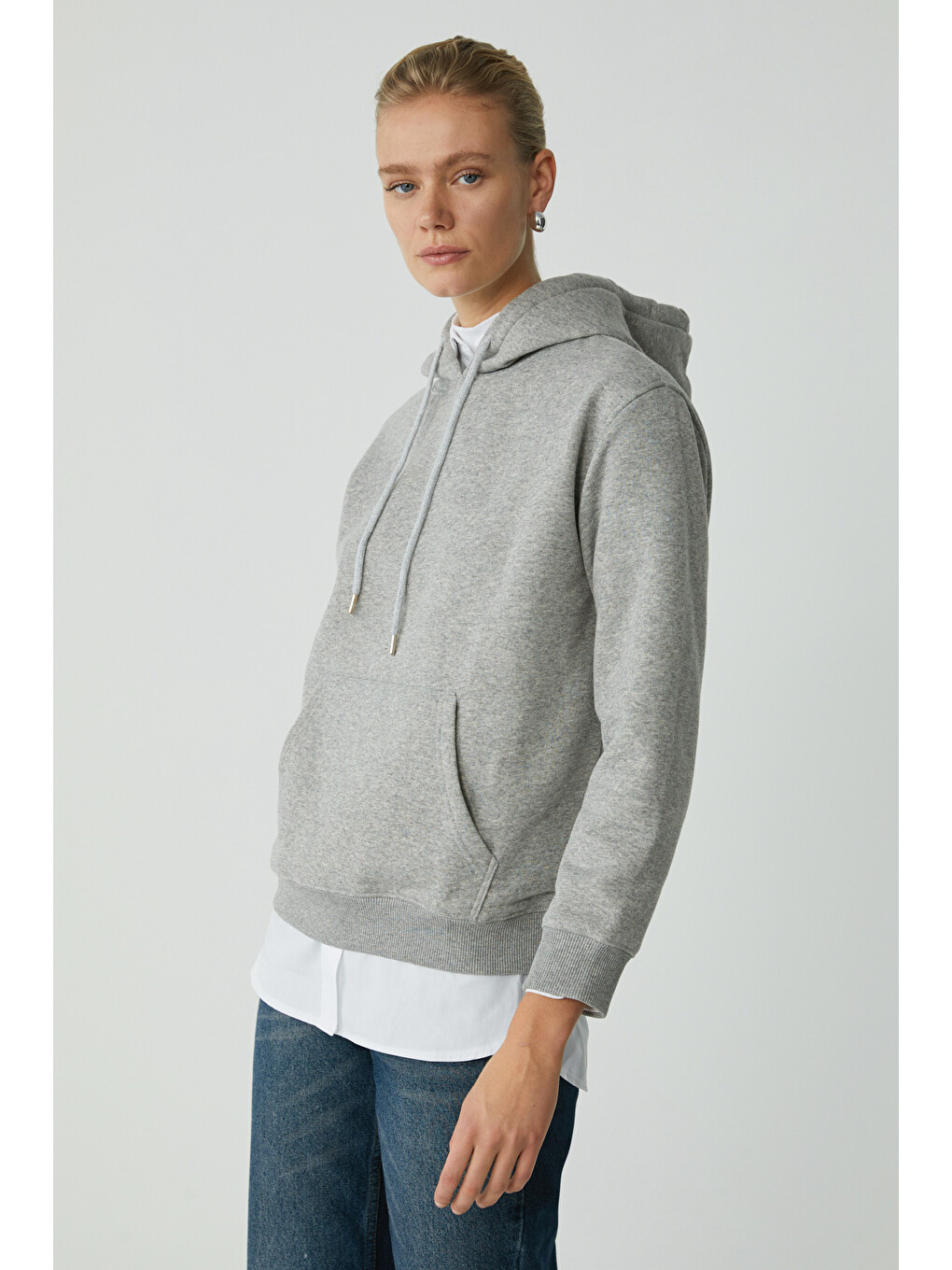 Abelıa Kadın Pamuklu Içi Polarlı Yumuşacık Kalın Kumaşlı Kapüşonlu Örme Comfort Gri Melanj Sweatshir-3