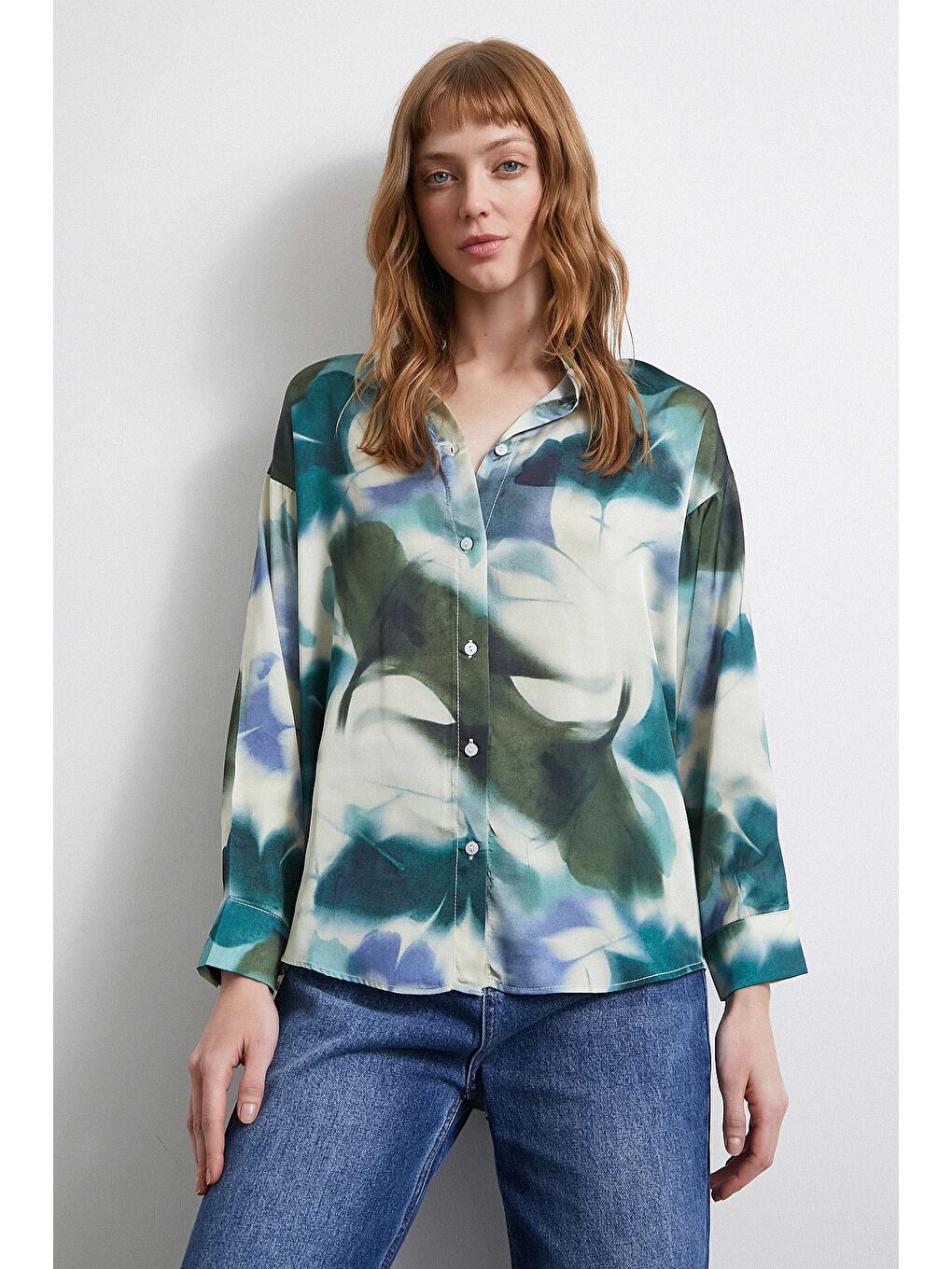 Batik Desen Saten Gömlek Petrol