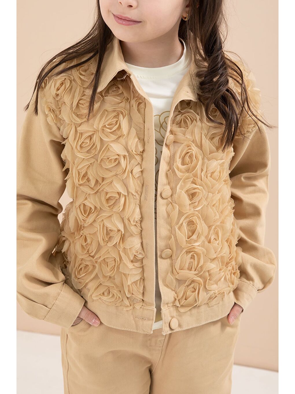 Bej Önü Gül İşlemeli Ceketli Kız Çocuk Pantolonlu 3lü Alt Üst Takım 23608-1