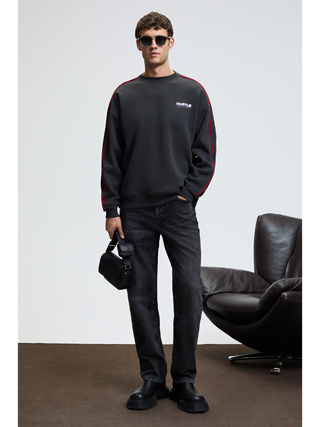 Leıf Erkek Kolları Biyeli Önü Baskılı Yuvarlak Yaka Oversize Antrasit Sweatshirt