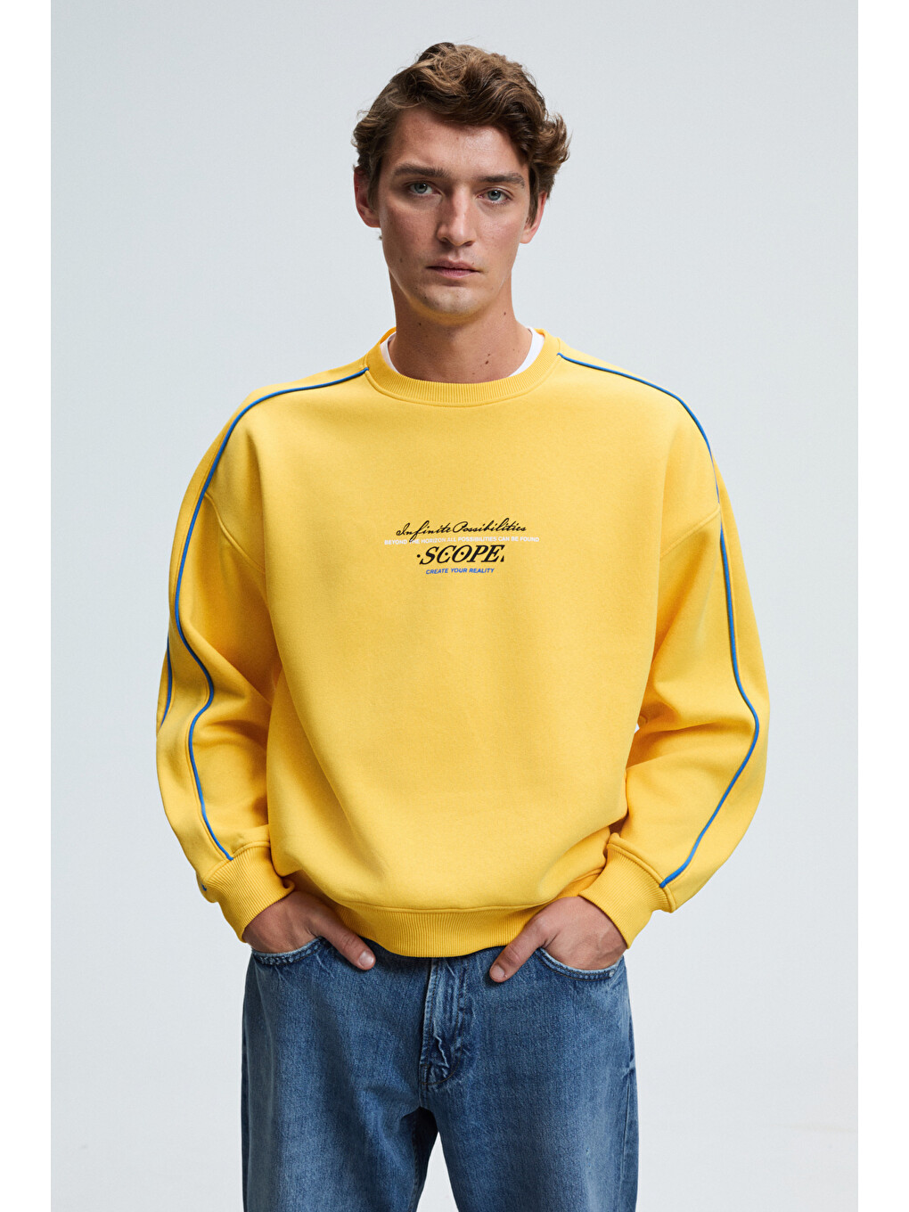Leıf Erkek Kolları Biyeli Önü Baskılı Yuvarlak Yaka Oversize Sarı Sweatshirt-3