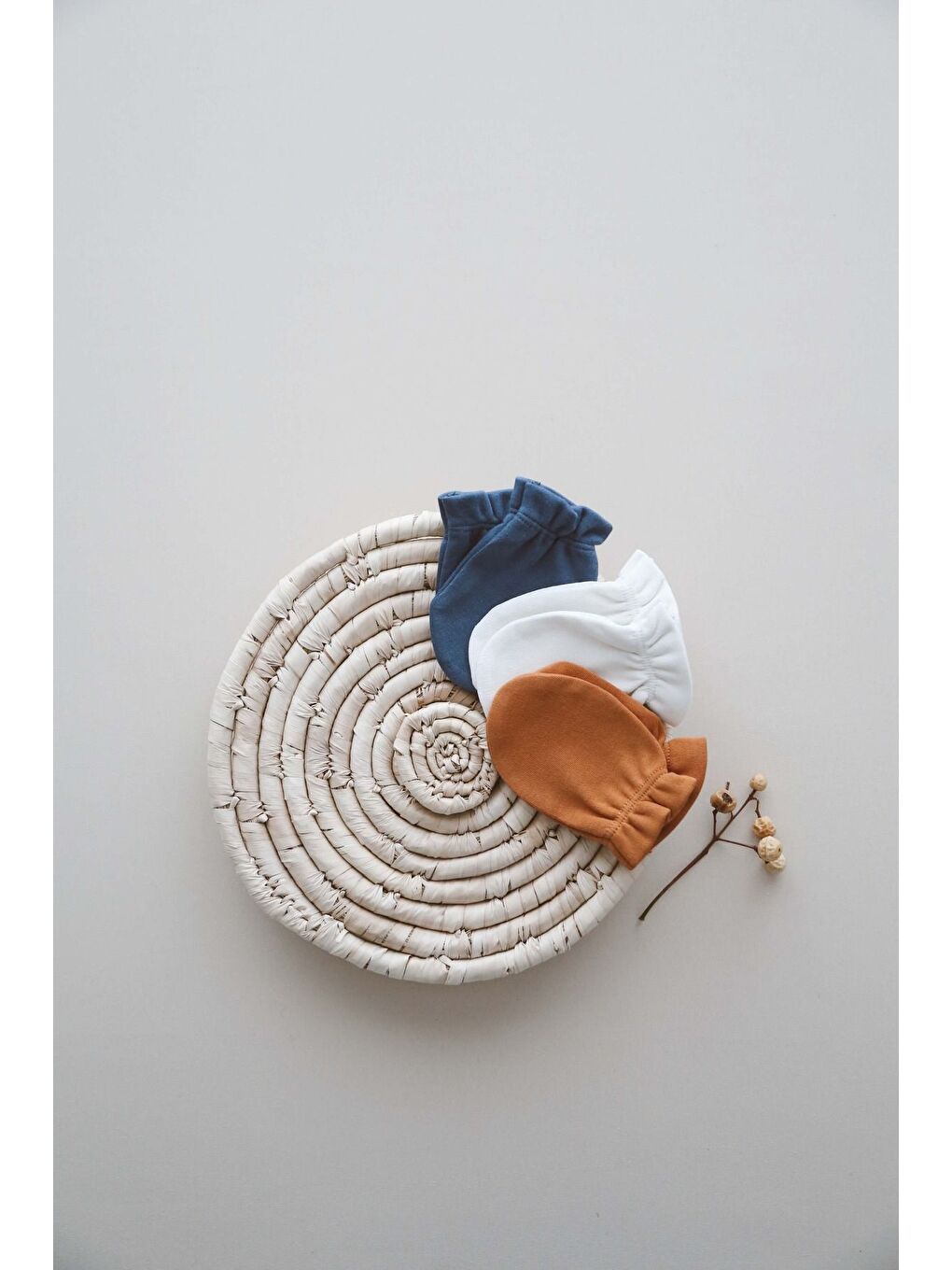 Karışık 3lü İndigo-Krem Tarçın Rengi Yenidoğan Eldiven Set Model-1