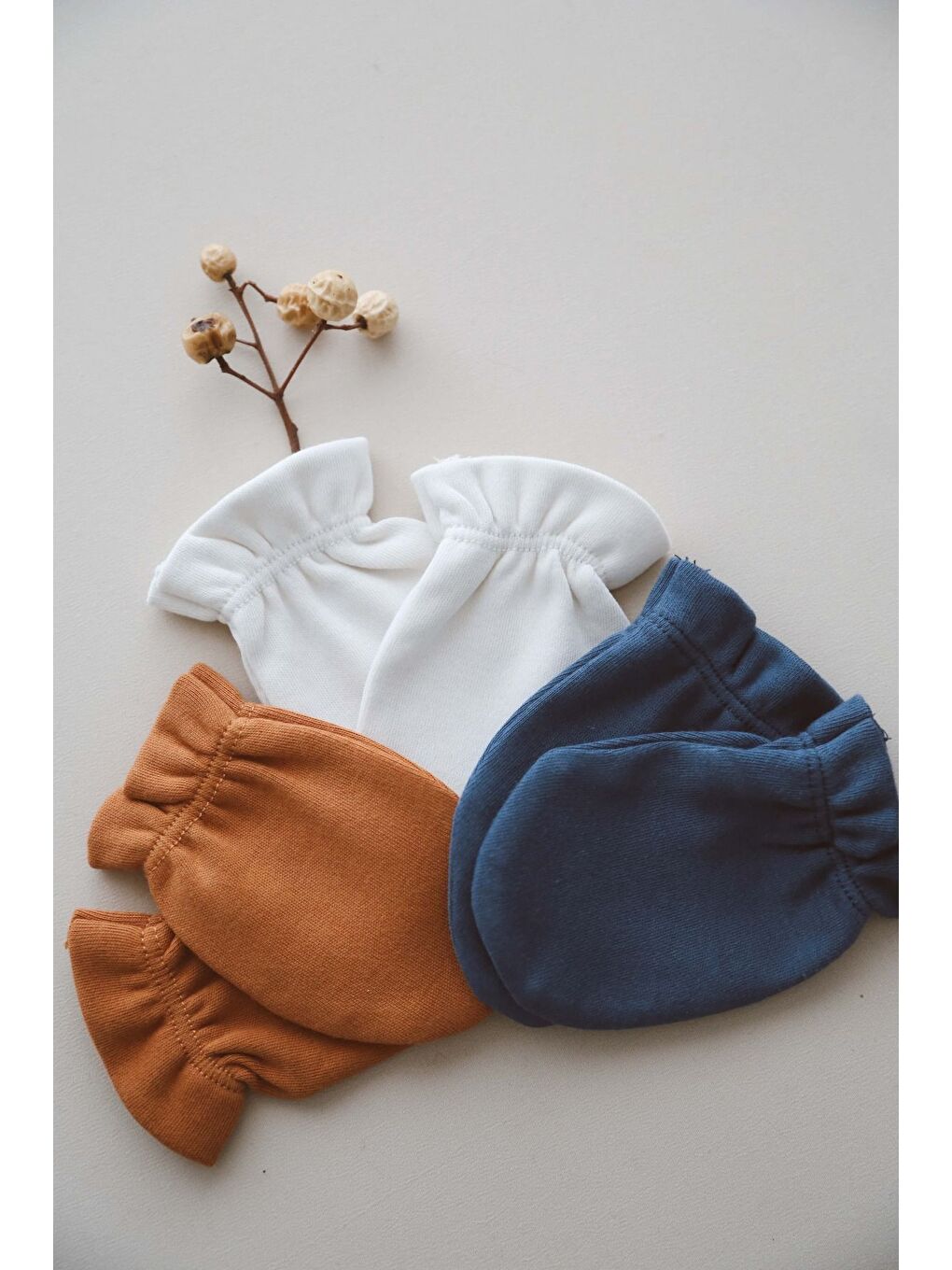 Karışık 3lü İndigo-Krem Tarçın Rengi Yenidoğan Eldiven Set Model-2