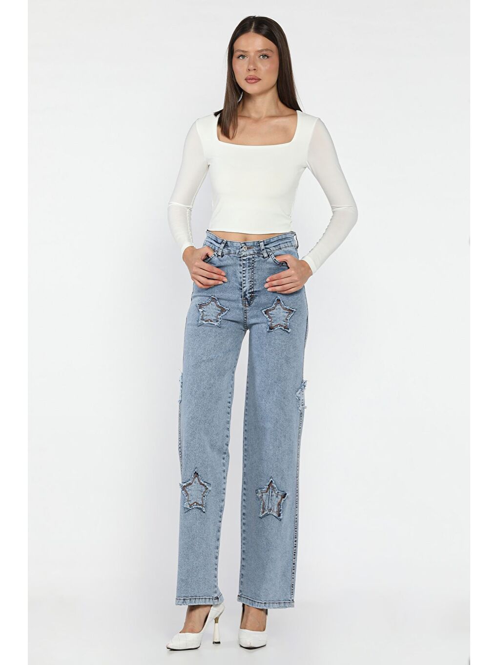 Mavi Kadın Yüksek Bel Yıldız Figürlü Elastanlı Palazzo Jean Pantolon-1