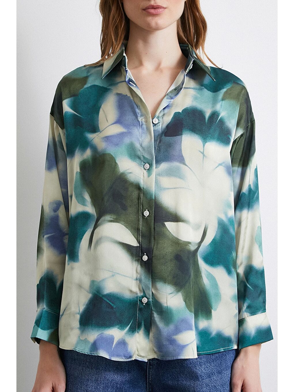 Batik Desen Saten Gömlek Petrol-1