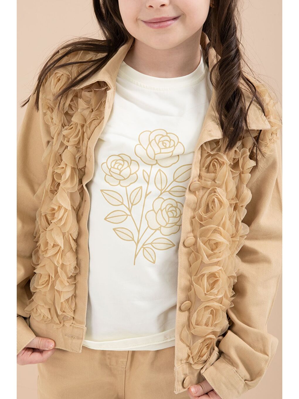 Bej Önü Gül İşlemeli Ceketli Kız Çocuk Pantolonlu 3lü Alt Üst Takım 23608-3