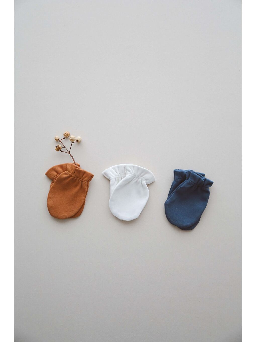 Karışık 3lü İndigo-Krem Tarçın Rengi Yenidoğan Eldiven Set Model-4