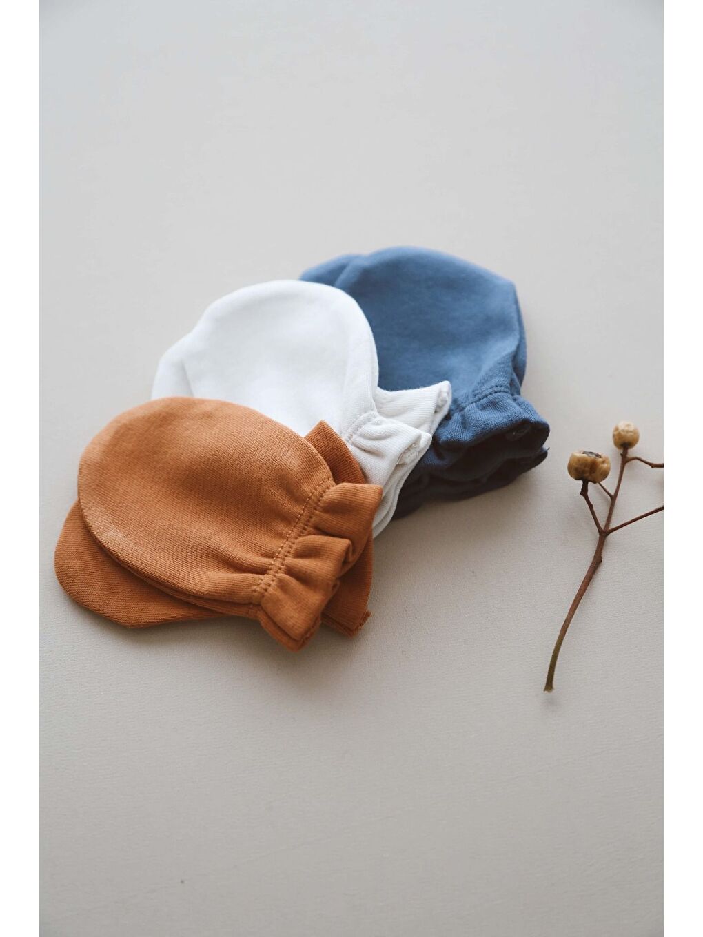 Karışık 3lü İndigo-Krem Tarçın Rengi Yenidoğan Eldiven Set Model-5