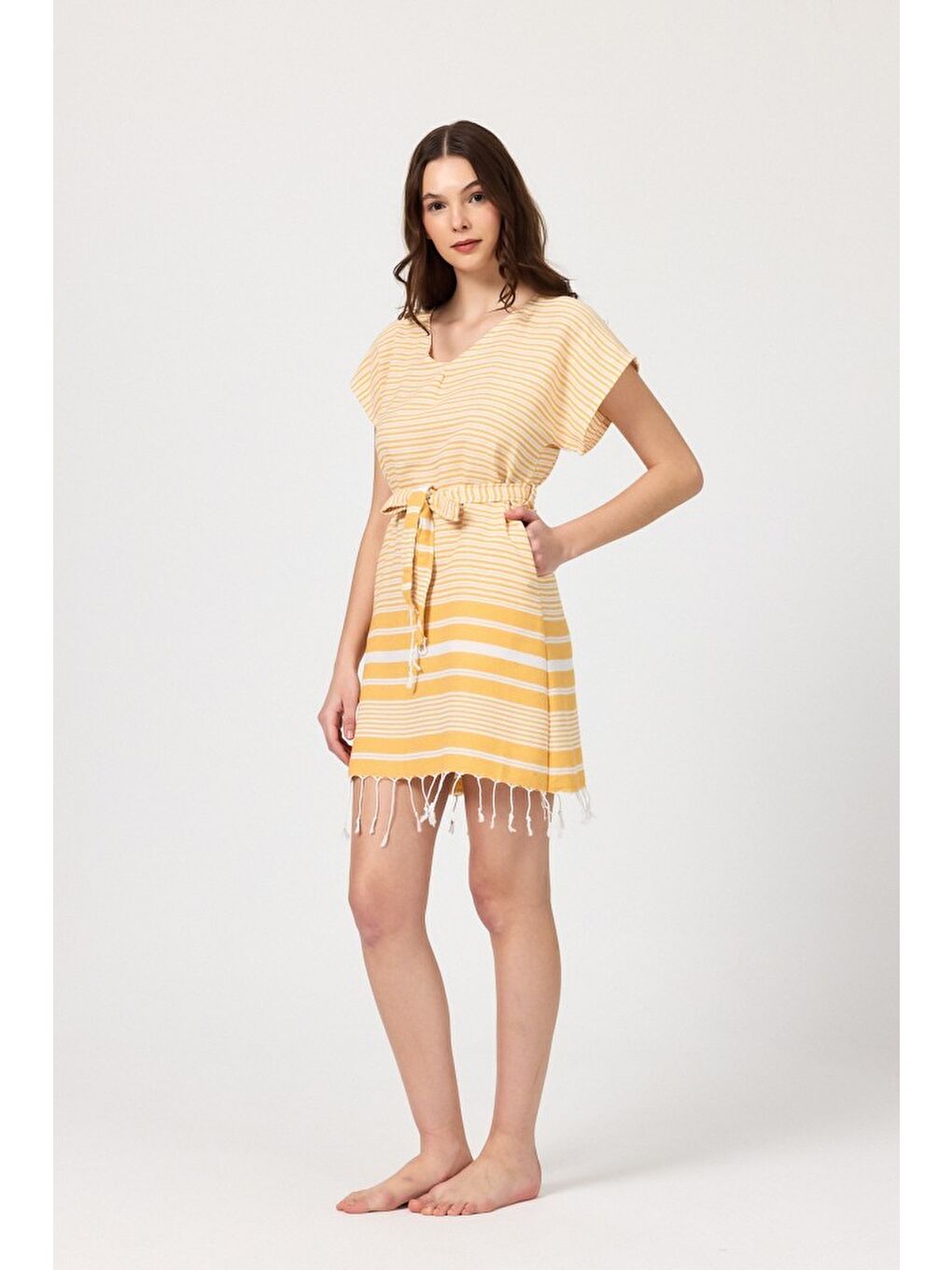 Sarı Katya Plaj elbisesi Tunik pareo %100 Pamuk-6
