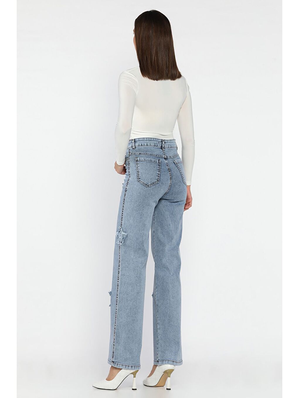 Mavi Kadın Yüksek Bel Yıldız Figürlü Elastanlı Palazzo Jean Pantolon-2