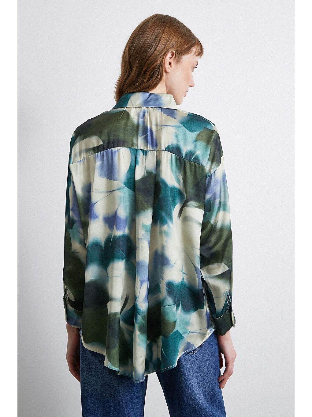 Batik Desen Saten Gömlek Petrol-2