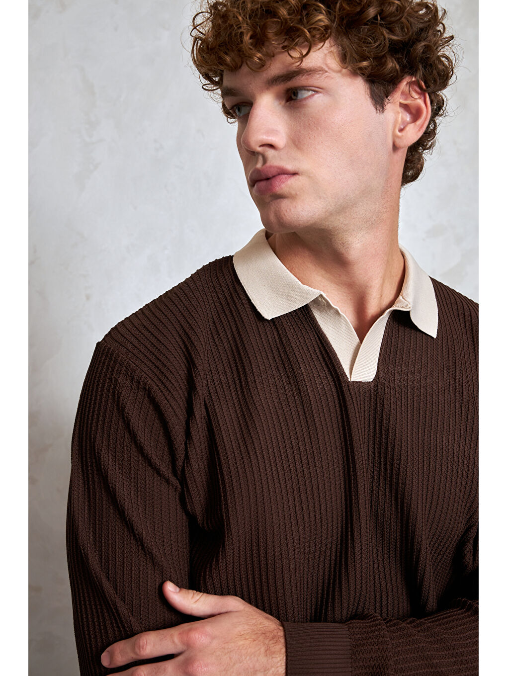 Kahverengi Erkek Polo Yaka Nopeli Oversize Triko Kazak-2