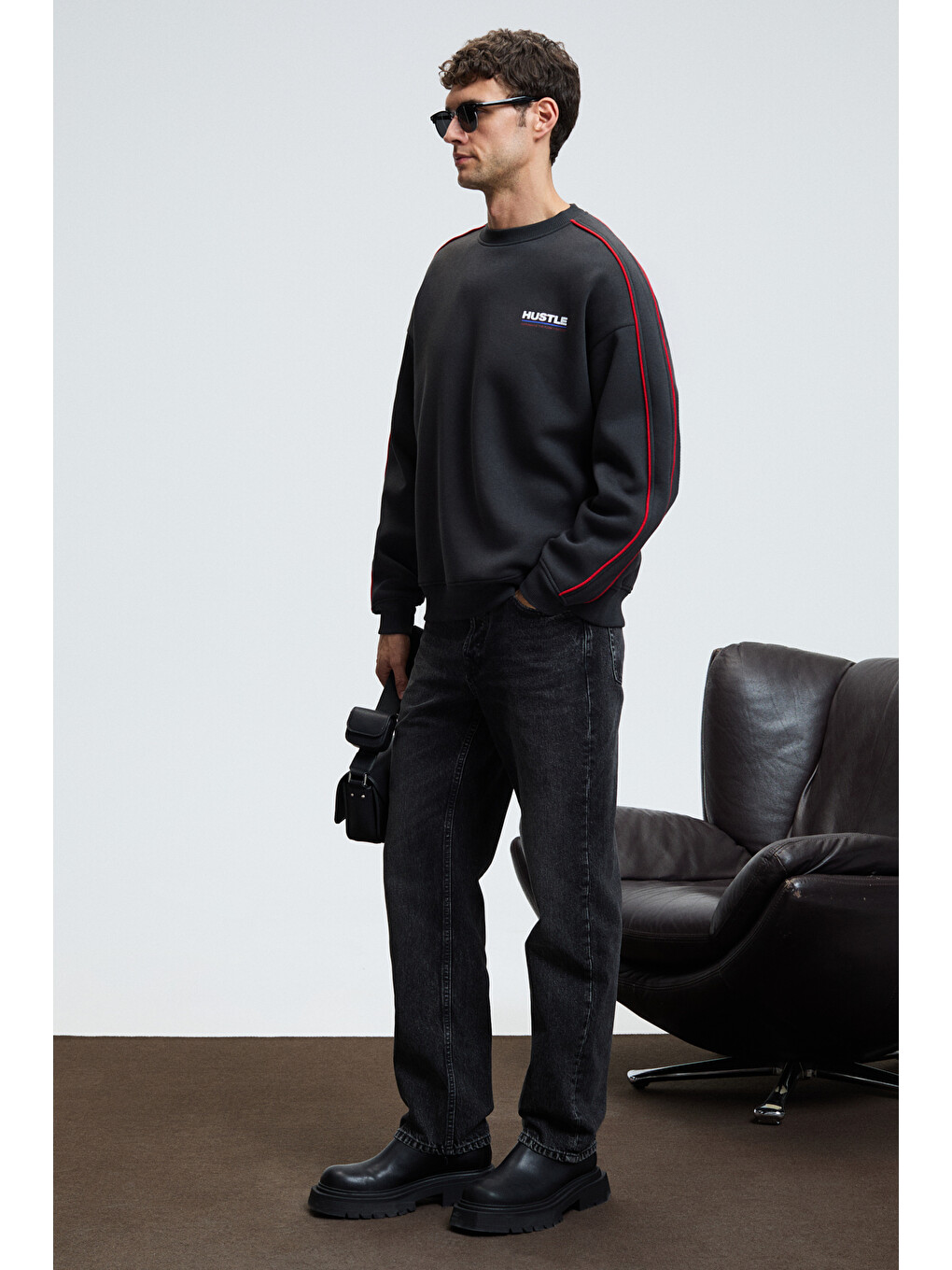 Leıf Erkek Kolları Biyeli Önü Baskılı Yuvarlak Yaka Oversize Antrasit Sweatshirt-1