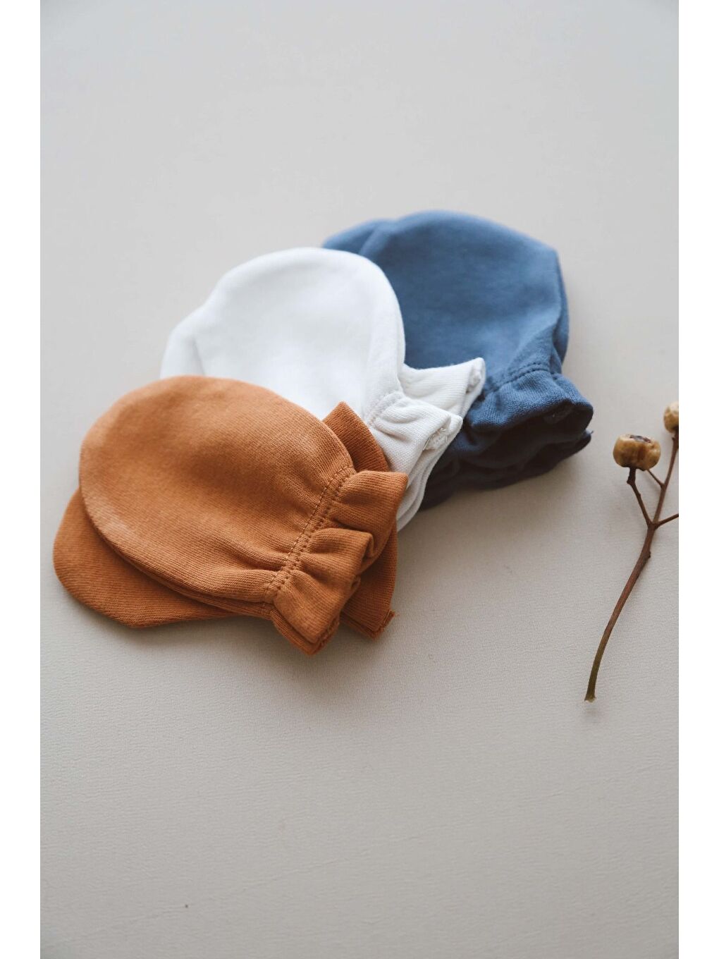 Karışık 3lü İndigo-Krem Tarçın Rengi Yenidoğan Eldiven Set Model-7