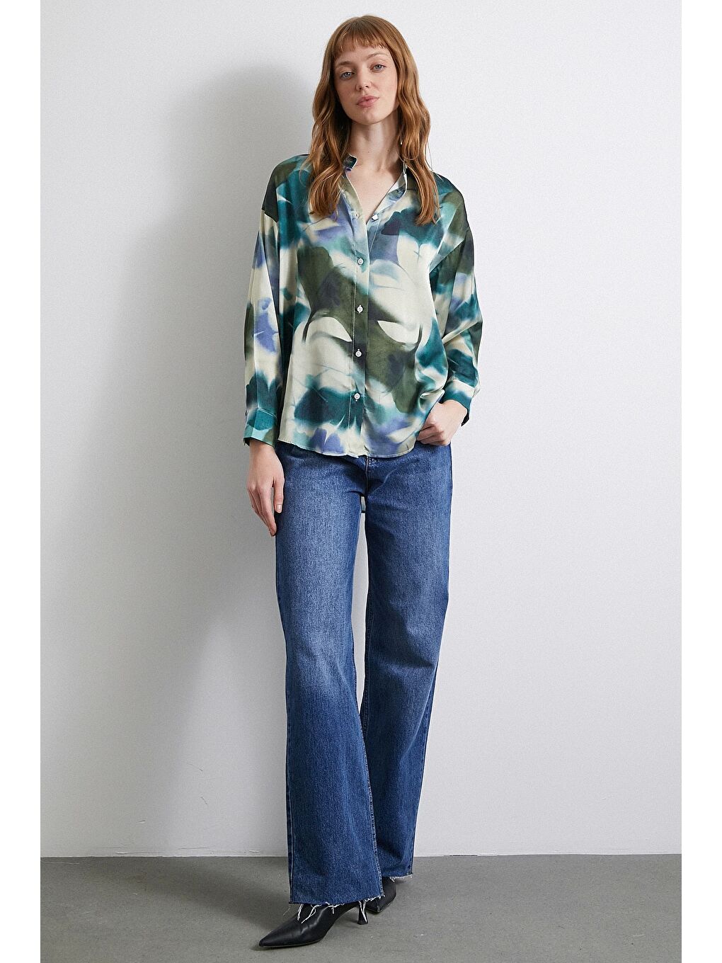 Batik Desen Saten Gömlek Petrol-3