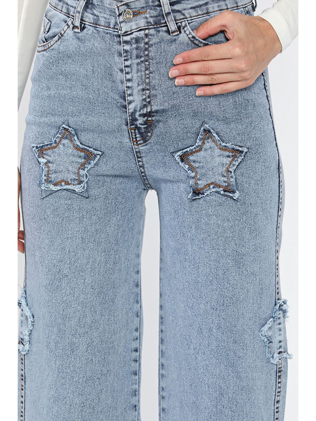 Mavi Kadın Yüksek Bel Yıldız Figürlü Elastanlı Palazzo Jean Pantolon-3