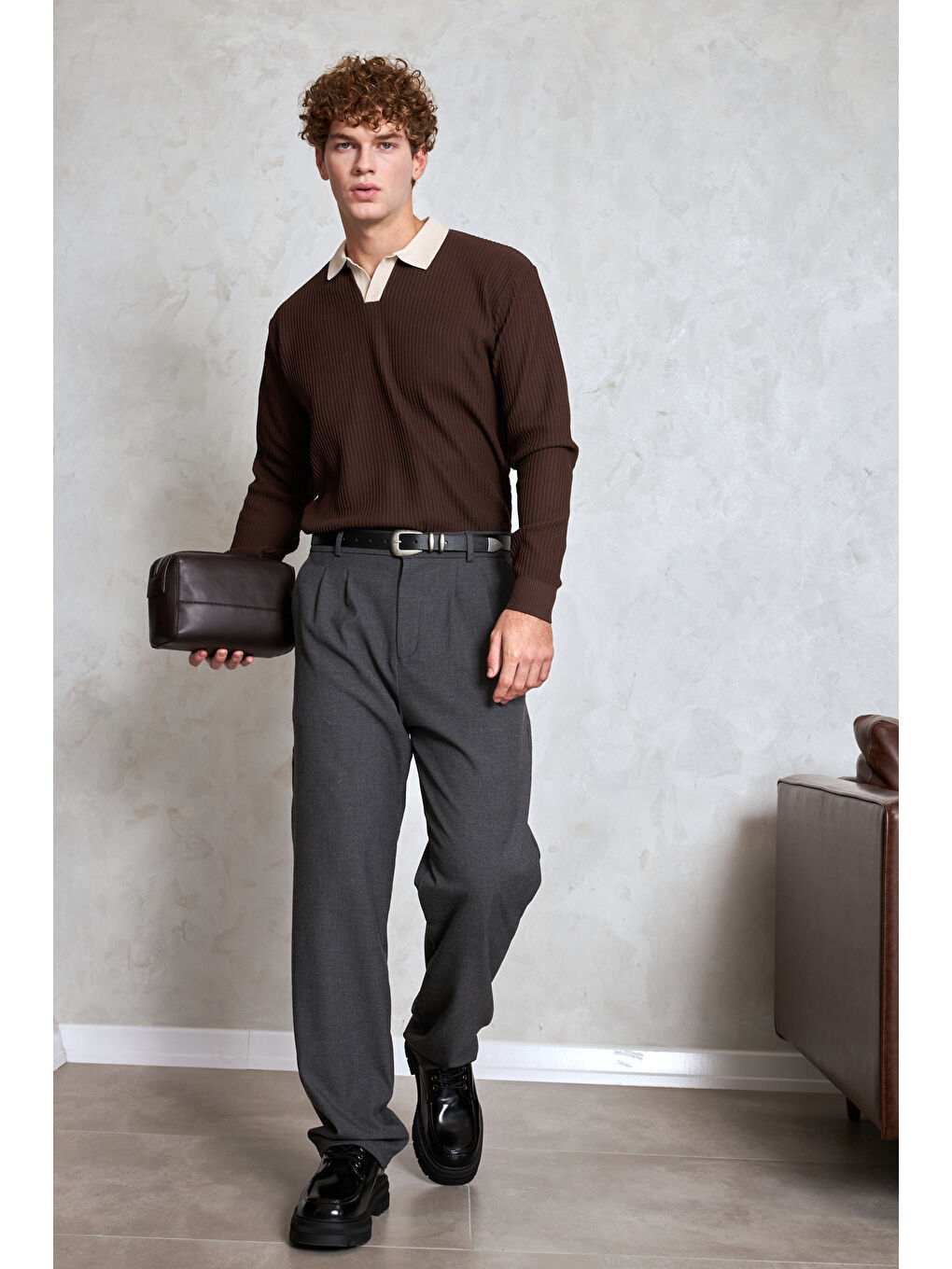 Kahverengi Erkek Polo Yaka Nopeli Oversize Triko Kazak-3