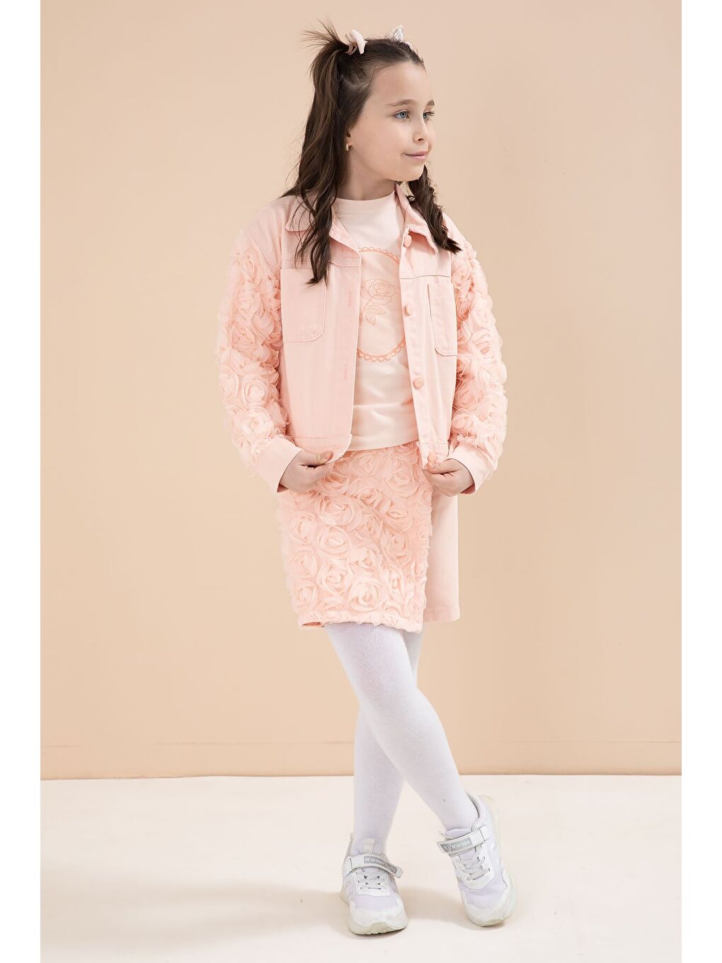 Pembe Somon Gül Detaylı Şort Etekli ve Ceketli Kız Çocuk 3lü Badili Takım 23610