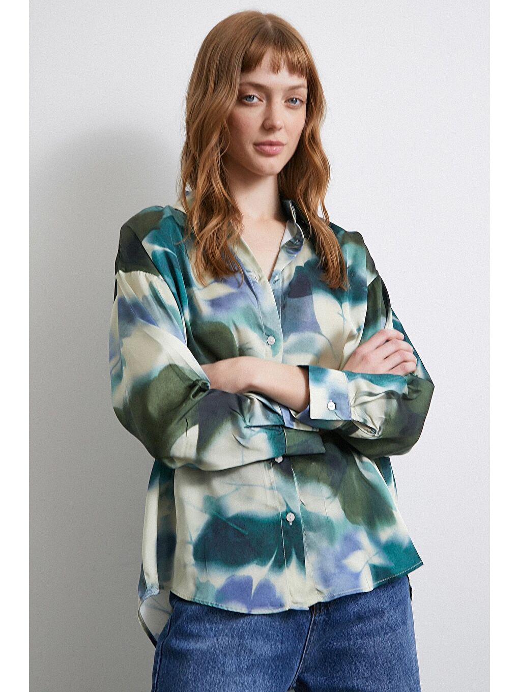 Batik Desen Saten Gömlek Petrol-4