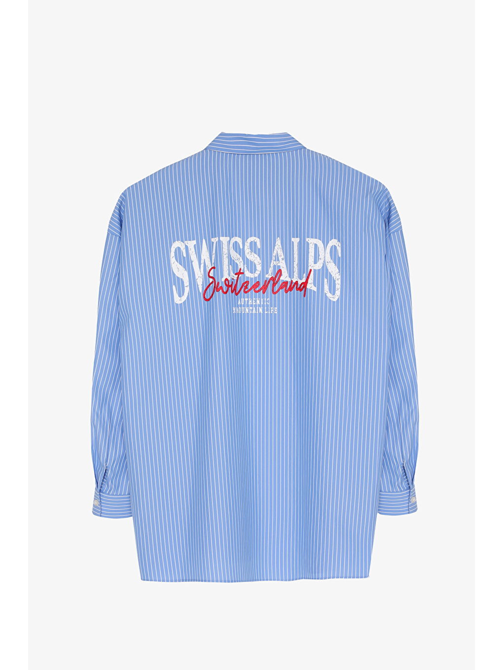 Sırtı Yazı Baskılı Oversize Çizgili Gömlek Mavi-1