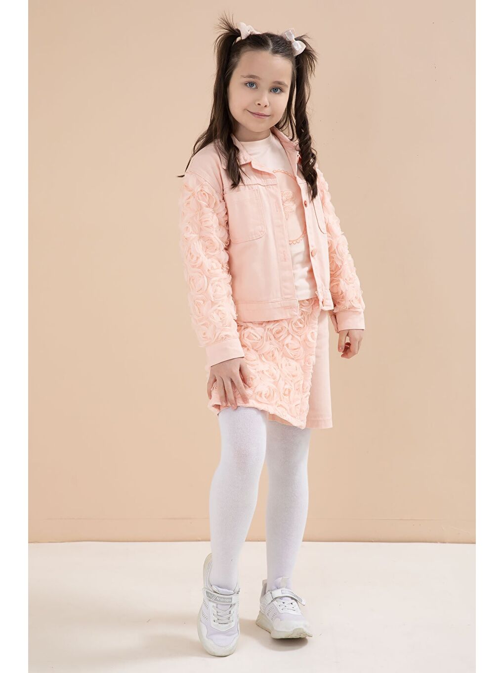 Pembe Somon Gül Detaylı Şort Etekli ve Ceketli Kız Çocuk 3lü Badili Takım 23610-1