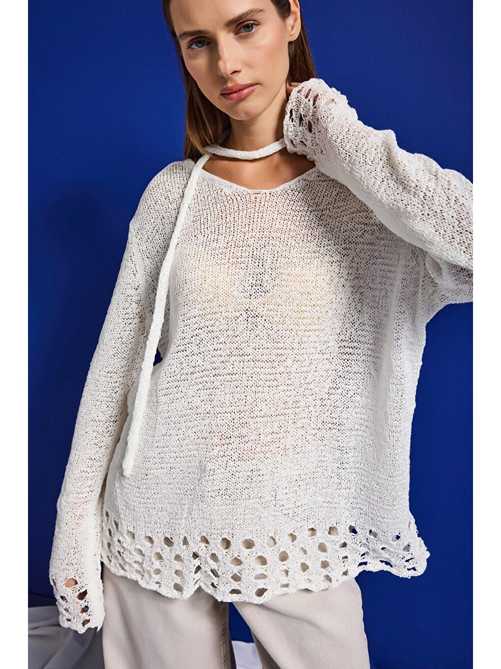 Kadın Beyaz w5 Oversize Özel Kumaş Tasarım Bol Kesim Triko