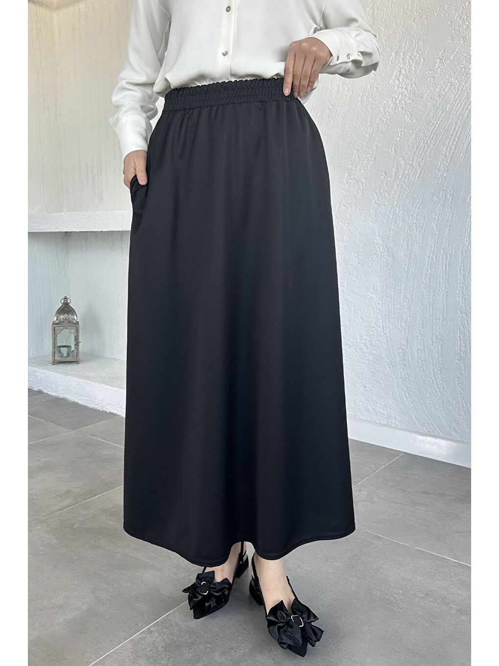 Siyah Kadın Bel Lastikli Tesettür Etek-2