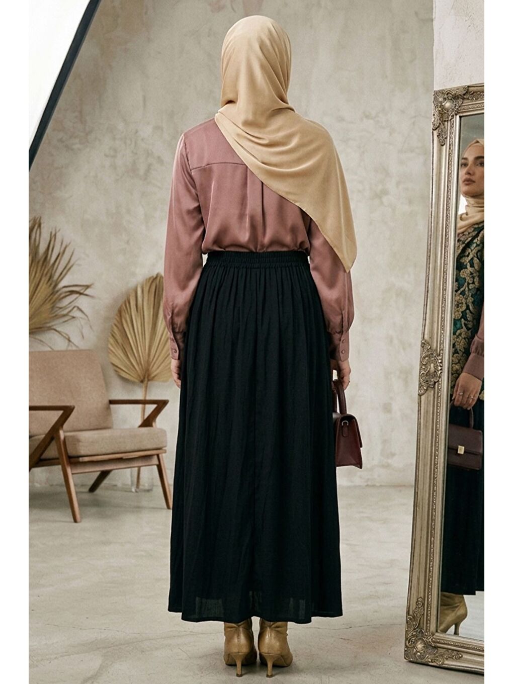 Siyah Bel Lastikli Cepli Tesettür Etek-2