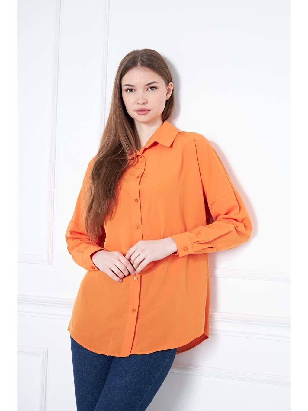 Kadın Oversize Uzun Basic Turuncu Gömlek